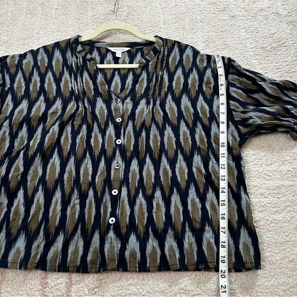 Garnet Hill Navy Tan Ikat Blouse Top 100% Cotton Puff Sleeve Size Small Fall - Picture 10 of 12